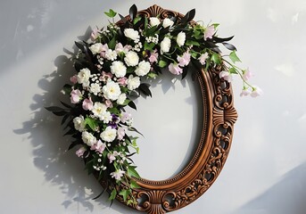Ornate oval frame adorned with abundant white and green floral arrangement