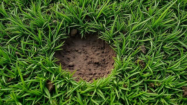 spodumene. Small depression in lawn with scattered soil fragments and textured ground. real-estate listings, architecture portfolios, designed for real-estate listing and luxury residence showcases.