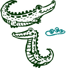 Two stylized, drawn crocodiles, one horizontal, the other curved vertically, and a small cloud