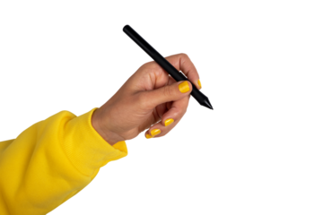 Close-up of a hand in a yellow sleeve holding a black stylus pen, isolated on transparent background. Ideal for creative, tech, or educational concepts.