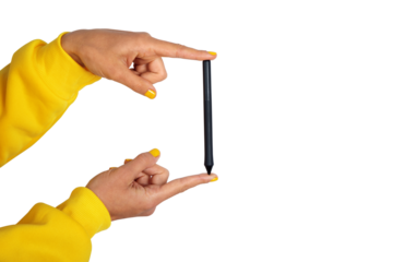 Two hands in yellow sleeves delicately holding a black digital stylus pen on transparent background, highlighting creativity and digital art.