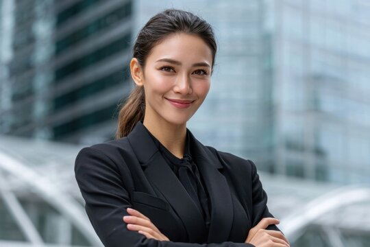 Confident businesswoman standing outdoors in a city during daytime with a professional demeanor