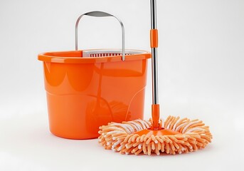 Bright orange cleaning bucket and microfiber spin mop on a white background