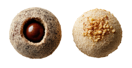 Two round confections, one with chocolate center, other with nuts