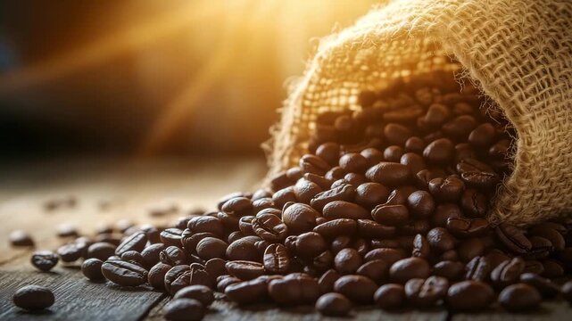 Freshly roasted coffee beans spill from a burlap sack, creating a warm and inviting atmosphere on a wooden table with golden light shining in