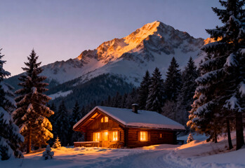 Wooden cabin in snowy mountain landscape at sunset with pine trees and clear sky, winter nature scene, cold weather environment.