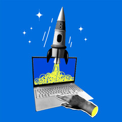 Halftone hand presses start button on laptop. Rocket flies out of the laptop screen. Startup launch. New business. Newspaper collage. Rocketship launch. Creating new ideas