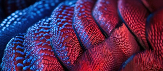 Macro close-up of iridescent blue and red bird feathers, showcasing vibrant colors and intricate natural texture pattern