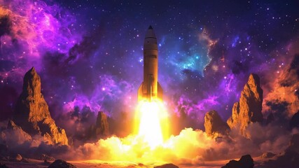 A rocket launches into space against a colorful backdrop of nebulae and towering rock formations