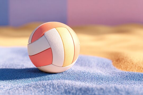 vibrant volleyball sits on beach court with colorful sand. sun shines brightly, creating lively atmosphere for people enjoying outdoor sports in summer setting