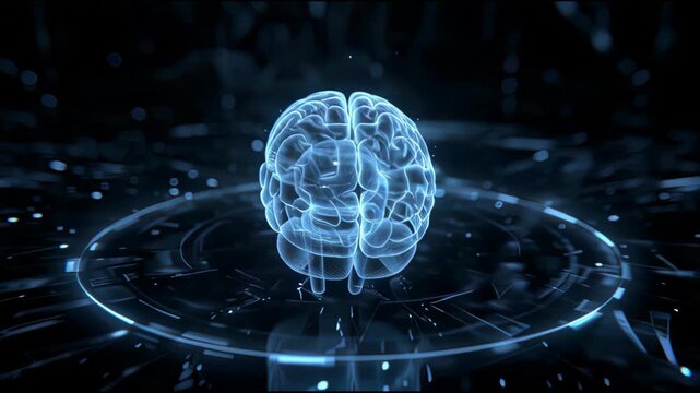Abstract Blue Digital Brain Spinning on Tech Background