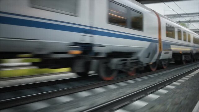 High-speed train in motion, blurring past on tracks, dynamic perspective.