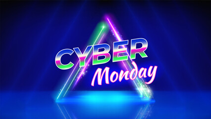 Cyber monday neon offer poster. Special offer sale. Neon triangular frame. Stage blue background. Cyber monday concept, advertising. Sale, promotion banner. Vector illustration
