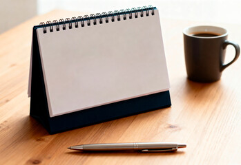 A blank mockup calendar stands on a wooden table. A coffee cup and a pen are placed beside it, creating a cozy workspace atmosphere.