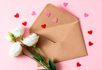 A brown envelope with white roses and colorful heart-shaped confetti on a pink background. Perfect for Valentine's Day celebrations.