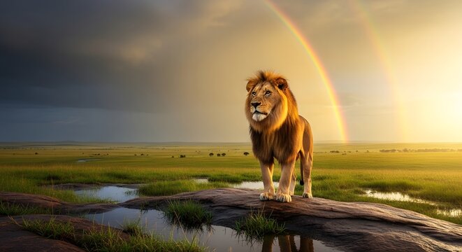 A majestic lion standing on a rock in a vast grassland with a rainbow in the background under a cloudy sky during sunset - Powered by Adobe