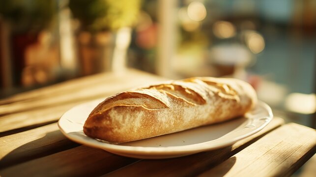 Freshly baked baguette on white ceramic plate, rustic outdoor table, golden crust, sunlight, inviting and warm atmosphere, perfect for breakfast or brunch - Powered by Adobe