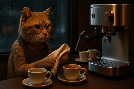 Cat polishing cup at espresso machine - Powered by Adobe