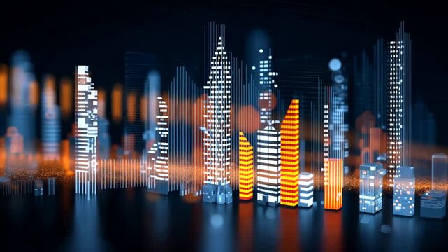 Digital cityscape with glowing abstract buildings, data streams, and blurred lights