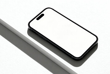 A mockup of a modern smartphone with an empty screen lies on a white surface, casting a shadow. The device has a sleek black frame and a minimalistic design.