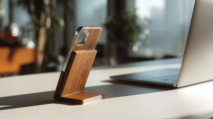 close up of a sleek wooden smartphone stand on a minimalist desk, laptop blurred behind, morning sunlight creating clean lines, modern eco tech