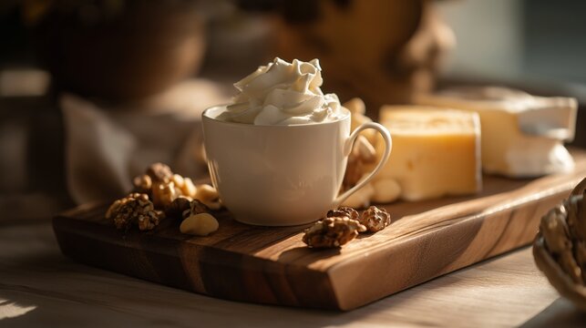 Whipped cream in white cup on wooden cheese board with assorted cheese, walnut, and macadamia nut, cozy warm sunlight, inviting and rustic atmosphere - Powered by Adobe