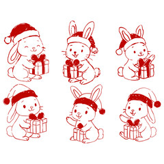 Hand drawn winter Christmas rabbit animal characters with Christmas tree, gift box. Rabbit in winter hat and scarf. Vector sketch illustration in vintage crayon textured style