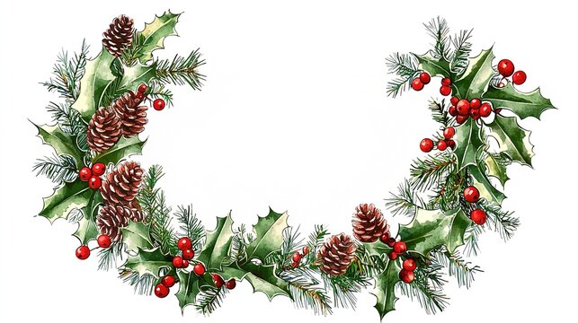 Holly and mistletoe watercolor winter wreath with text space, clipart style