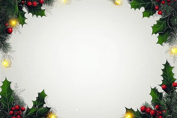 Blank white page with Christmas holly and mistletoe vector border, bokeh background