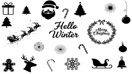Winter Christmas Holiday silhouette vector Icon Set.