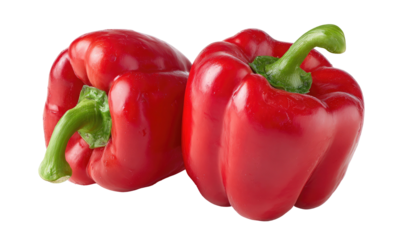 Two vibrant red bell peppers with green stems on black (1)