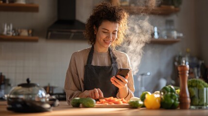 close up of a woman preparing vegetables in the kitchen while video chatting with a friend on her phone, warm natural light, expressive smile