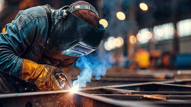 A skilled worker welds metal parts together using a torch in an industrial workshop, showcasing craftsmanship and precision