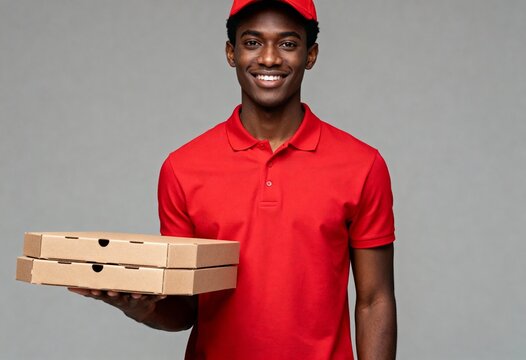 Friendly Delivery African American Man with Pizzas - Food service and delivery promotions