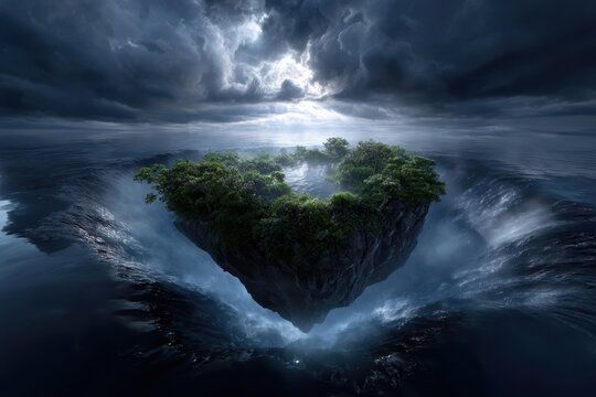 Floating island with lush greenery surrounded by turbulent water and dramatic clouds at dusk