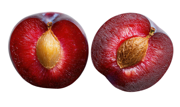 Two dark red plums, halved, revealing juicy interiors and pits