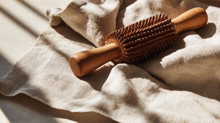 close up of a wooden massage roller on a soft linen cloth, spa like calm setting, neutral tones, natural sunlight enhances the texture of carved wood