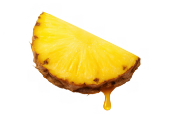 Pineapple quarter slice showing juicy yellow flesh and one drop of juice falling, transparent background