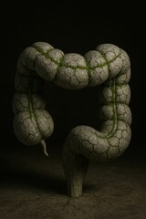 Cracked stone intestine twisting into a square