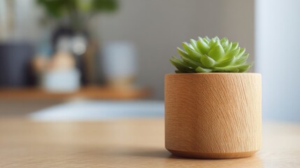 close up of a wooden plant pot with a small green succulent, minimal modern room in background, soft natural light, clean and calming aesthetic
