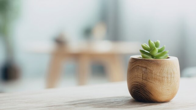 close up of a wooden plant pot with a small green succulent, minimal modern room in background, soft natural light, clean and calming aesthetic - Powered by Adobe