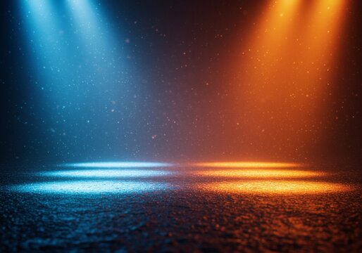 Stage spotlight beams, abstract background with blue and orange light, illuminating dust particles, atmospheric lighting background