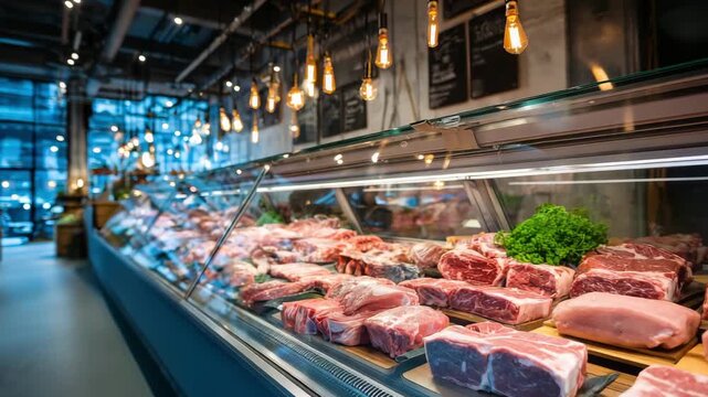 A bustling butcher shop displays an array of fresh meats, with bright lighting and an inviting atmosphere in an urban location