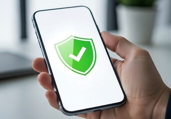 Hand holding a smartphone displaying a green shield icon with a white checkmark symbolizing security and protection