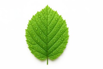 Fototapeta premium Flat lay fresh hazelnut leaf corylus avellana with water droplets on surface on white background isolated botanical nature and eco concept