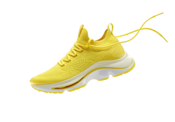 Vibrant yellow athletic shoe with laces dynamically suspended, showcasing modern design and comfort for active lifestyles isolated on transparent background