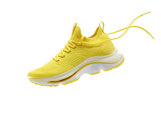 Vibrant yellow athletic shoe with laces dynamically suspended, showcasing modern design and comfort for active lifestyles isolated on transparent background