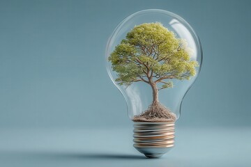 A tree thriving inside a clear light bulb promoting sustainability concepts