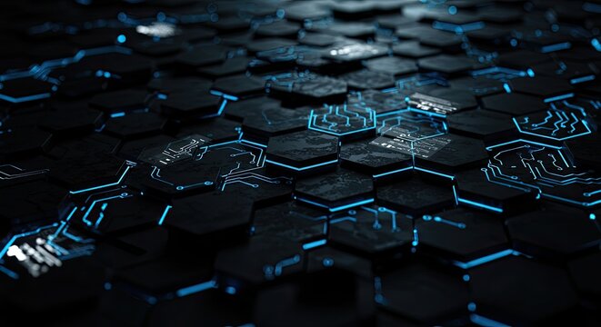 Abstract digital hexagon pattern background with illuminated circuits