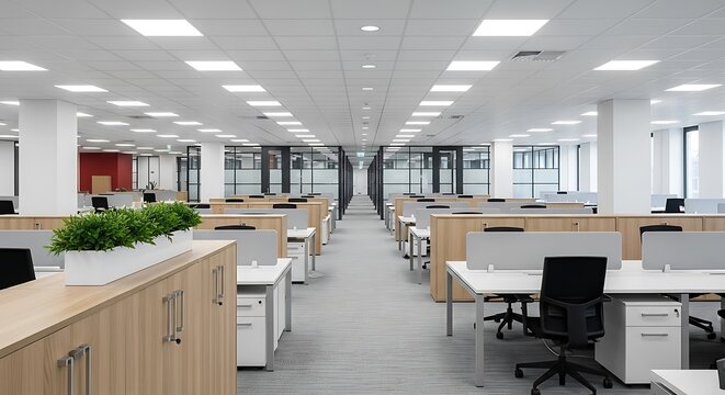 Spacious modern office interior with rows of desks and chairs, illuminated by bright ceiling lights, creating a clean and professional workspace environment